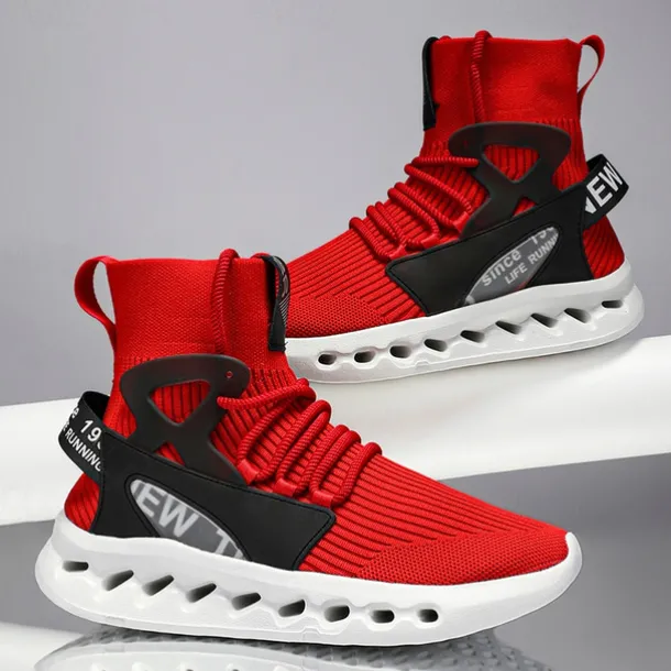 Men's Red High-Top Breathable Athletic Sneakers – Lightweight Knit Running Shoes with Cushioned Sole for Sports & Casual Wear