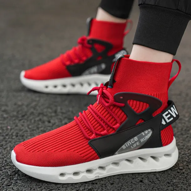 Men's Red High-Top Breathable Athletic Sneakers – Lightweight Knit Running Shoes with Cushioned Sole for Sports & Casual Wear