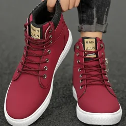 Men's Red High-Top Sneakers – Lace-Up Casual Ankle Boots with Zipper Detail and Stylish Print