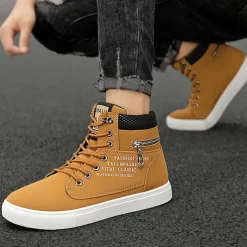 Men's Red High-Top Sneakers – Lace-Up Casual Ankle Boots with Zipper Detail and Stylish Print