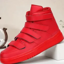 Men's Red High-Top Velcro Sneakers with Non-Slip Sole - Stylish Casual Footwear