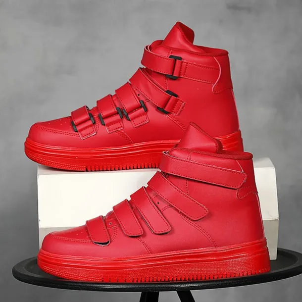Men's Red High-Top Velcro Sneakers with Non-Slip Sole - Stylish Casual Footwear