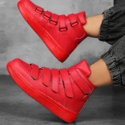 Men's Red High-Top Velcro Sneakers with Non-Slip Sole - Stylish Casual Footwear