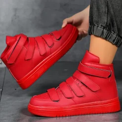 Men's Red High-Top Velcro Sneakers with Non-Slip Sole - Stylish Casual Footwear