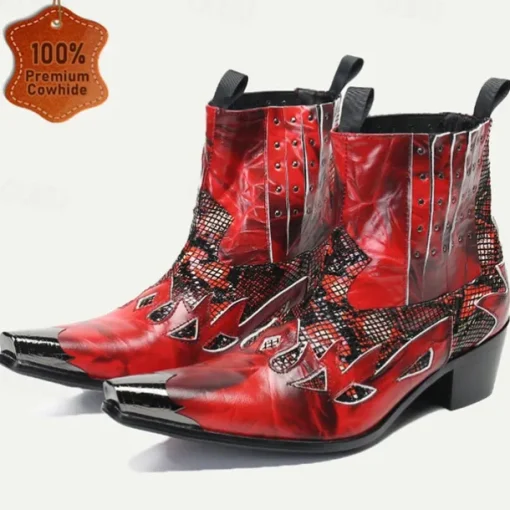 Men's Red Snakeskin Leather Motorcycle Boots–Western Style Studded Pointed Toe Ankle Boots with Gold Tip Flame Cut-Out Design for Bold Fashion
