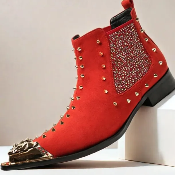 Men's Red Studded Leather Ankle Boots with Metallic Cap Toe and Sparkling Side Panels – Premium Cowhide Statement Footwear for Punk & Fashion-Forward Styles