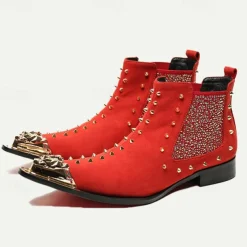 Men's Red Studded Leather Ankle Boots with Metallic Cap Toe and Sparkling Side Panels – Premium Cowhide Statement Footwear for Punk & Fashion-Forward Styles