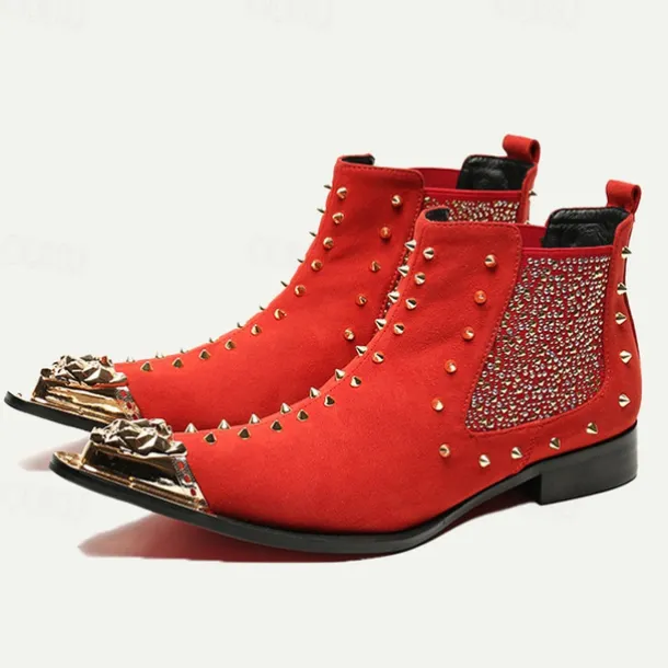 Men's Red Studded Leather Ankle Boots with Metallic Cap Toe and Sparkling Side Panels – Premium Cowhide Statement Footwear for Punk & Fashion-Forward Styles