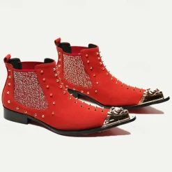 Men's Red Studded Leather Ankle Boots with Metallic Cap Toe and Sparkling Side Panels – Premium Cowhide Statement Footwear for Punk & Fashion-Forward Styles
