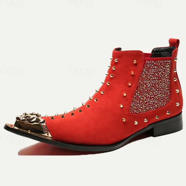 Men's Red Studded Leather Ankle Boots with Metallic Cap Toe and Sparkling Side Panels – Premium Cowhide Statement Footwear for Punk & Fashion-Forward Styles