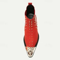 Men's Red Studded Leather Ankle Boots with Metallic Cap Toe and Sparkling Side Panels – Premium Cowhide Statement Footwear for Punk & Fashion-Forward Styles
