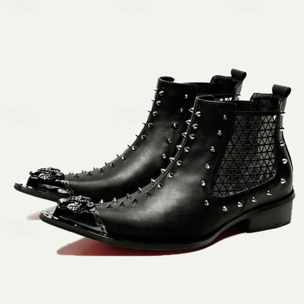 Men's Red Studded Leather Ankle Boots with Metallic Cap Toe and Sparkling Side Panels – Premium Cowhide Statement Footwear for Punk & Fashion-Forward Styles