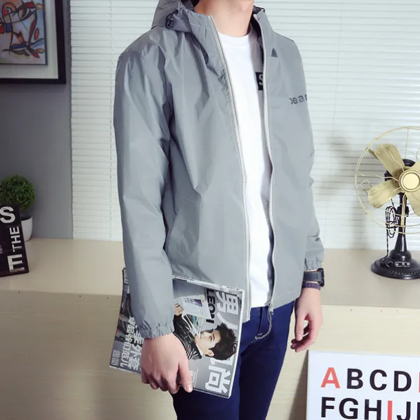 Men's Reflective Jacket Hiking Windbreaker Outdoor Sun Protection Windproof Breathable Quick Dry Jacket Top Fishing Climbing Running Light Grey Gray