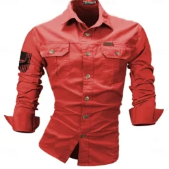 Men's Reindeer American US Flag Work Shirt Western Shirt Cargo Shirt Long Sleeve Casual Tactical Sports & Outdoor Going out Hunting Spring Fall Turndown Print Black White Army Green Red Blue