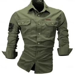 Men's Reindeer American US Flag Work Shirt Western Shirt Cargo Shirt Long Sleeve Casual Tactical Sports & Outdoor Going out Hunting Spring Fall Turndown Print Black White Army Green Red Blue