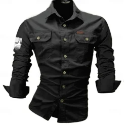 Men's Reindeer American US Flag Work Shirt Western Shirt Cargo Shirt Long Sleeve Casual Tactical Sports & Outdoor Going out Hunting Spring Fall Turndown Print Black White Army Green Red Blue