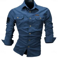 Men's Reindeer American US Flag Work Shirt Western Shirt Cargo Shirt Long Sleeve Casual Tactical Sports & Outdoor Going out Hunting Spring Fall Turndown Print Black White Army Green Red Blue