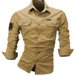 Men's Reindeer American US Flag Work Shirt Western Shirt Cargo Shirt Long Sleeve Casual Tactical Sports & Outdoor Going out Hunting Spring Fall Turndown Print Black White Army Green Red Blue