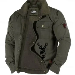 Men's Reindeer Print Embroidered Fleece Jacket Sherpa Hunting Jacket Work Cargo Jacket Turn-Down Collar Warm Winter Cotton Jacket Vintage Casual Going Out Coat Multi-Pockets