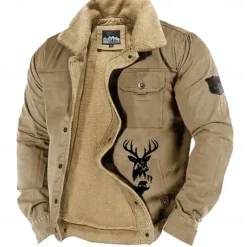 Men's Reindeer Print Embroidered Fleece Jacket Sherpa Hunting Jacket Work Cargo Jacket Turn-Down Collar Warm Winter Cotton Jacket Vintage Casual Going Out Coat Multi-Pockets