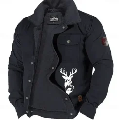 Men's Reindeer Print Embroidered Fleece Jacket Sherpa Hunting Jacket Work Cargo Jacket Turn-Down Collar Warm Winter Cotton Jacket Vintage Casual Going Out Coat Multi-Pockets