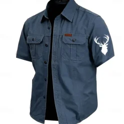 Men's Reindeer Work Shirt Western Shirt Cargo Shirt Short Sleeve Casual Tactical Sports Outdoor WorkWear Summer Spring Turndown Front Two Pockets Cotton Button Up Shirts Army Green Khaki Dark Blue