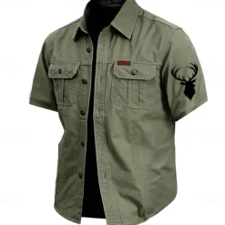 Men's Reindeer Work Shirt Western Shirt Cargo Shirt Short Sleeve Casual Tactical Sports Outdoor WorkWear Summer Spring Turndown Front Two Pockets Cotton Button Up Shirts Army Green Khaki Dark Blue