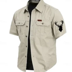 Men's Reindeer Work Shirt Western Shirt Cargo Shirt Short Sleeve Casual Tactical Sports Outdoor WorkWear Summer Spring Turndown Front Two Pockets Cotton Button Up Shirts Army Green Khaki Dark Blue