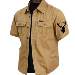 Men's Reindeer Work Shirt Western Shirt Cargo Shirt Short Sleeve Casual Tactical Sports Outdoor WorkWear Summer Spring Turndown Front Two Pockets Cotton Button Up Shirts Army Green Khaki Dark Blue