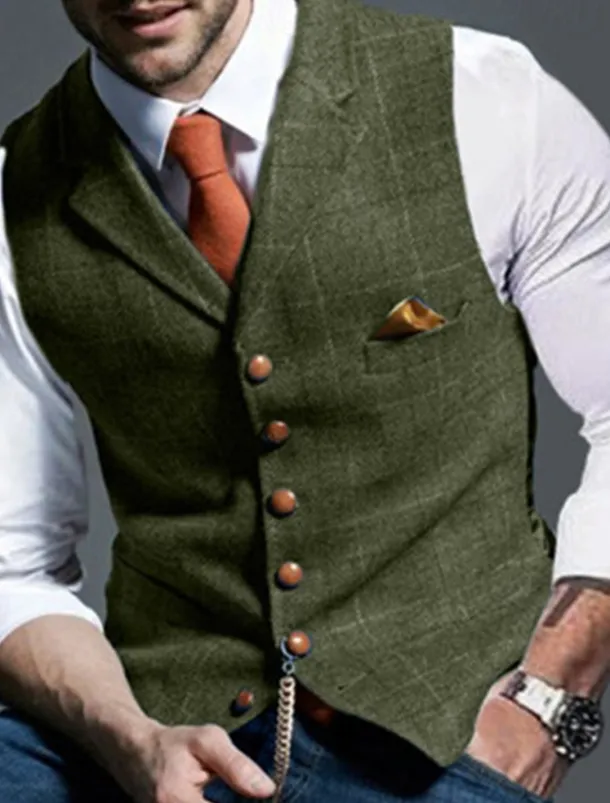 Men's Retro Vintage Vest Herringbone Tailored Fit Notch Single Breasted More-button Blue Green Khaki 2023