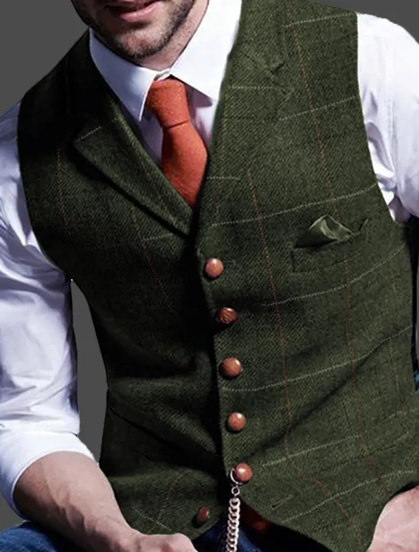 Men's Retro Vintage Vest Herringbone Tailored Fit Notch Single Breasted More-button Blue Green Khaki 2023