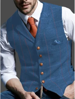Men's Retro Vintage Vest Herringbone Tailored Fit Notch Single Breasted More-button Blue Green Khaki 2023