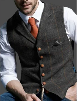 Men's Retro Vintage Vest Herringbone Tailored Fit Notch Single Breasted More-button Blue Green Khaki 2023