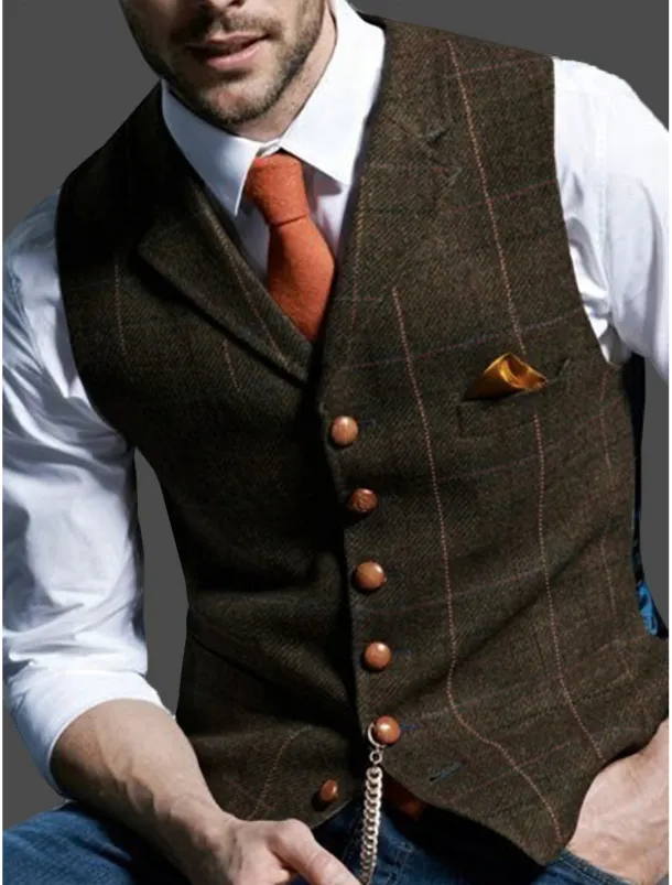 Men's Retro Vintage Vest Herringbone Tailored Fit Notch Single Breasted More-button Blue Green Khaki 2023