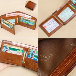Men's RFID Blocking Bifold Wallet, Genuine Leather Slim Card Holder with ID Window and Cash Compartment, Classic Business Style for Daily Use and Travel