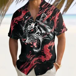 Men's Roaring Animal Tiger Shirt Summer Shirt Button Up Shirt Short Sleeve Dark Outdoor Vacation Dailywear Summer Spring Turndown 3D Print Collared Shirts Front One Pocket Red Blue Gold Green