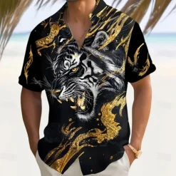 Men's Roaring Animal Tiger Shirt Summer Shirt Button Up Shirt Short Sleeve Dark Outdoor Vacation Dailywear Summer Spring Turndown 3D Print Collared Shirts Front One Pocket Red Blue Gold Green