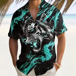Men's Roaring Animal Tiger Shirt Summer Shirt Button Up Shirt Short Sleeve Dark Outdoor Vacation Dailywear Summer Spring Turndown 3D Print Collared Shirts Front One Pocket Red Blue Gold Green