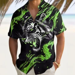 Men's Roaring Animal Tiger Shirt Summer Shirt Button Up Shirt Short Sleeve Dark Outdoor Vacation Dailywear Summer Spring Turndown 3D Print Collared Shirts Front One Pocket Red Blue Gold Green