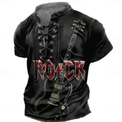 Men's Rock Guitar T shirt Tee Short Sleeve T shirt 3D Print Lace Up Neck Shirt Casual Daily Black Spring & Summer Clothing Apparel S M L XL XXL 3XL