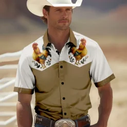 Men's Rooster Shirt Western Shirt Cowboy Shirt Short Sleeve Western Style Outdoor Summer Spring Shirt Collar Black Khaki
