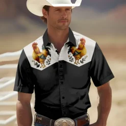 Men's Rooster Shirt Western Shirt Cowboy Shirt Short Sleeve Western Style Outdoor Summer Spring Shirt Collar Black Khaki