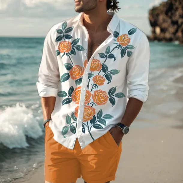 Men's Rose Shirt Western Shirt Cowboy Shirt Long Sleeve Hawaiian Casual Daily Wear Going out Spring Turndown Print Button-Down Red Blue Purple Orange