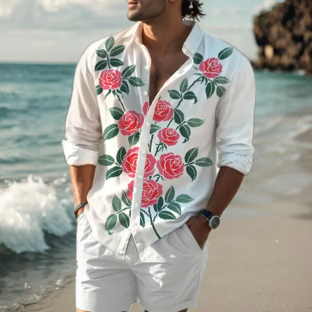 Men's Rose Shirt Western Shirt Cowboy Shirt Long Sleeve Hawaiian Casual Daily Wear Going out Spring Turndown Print Button-Down Red Blue Purple Orange