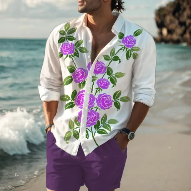 Men's Rose Shirt Western Shirt Cowboy Shirt Long Sleeve Hawaiian Casual Daily Wear Going out Spring Turndown Print Button-Down Red Blue Purple Orange