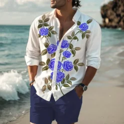 Men's Rose Shirt Western Shirt Cowboy Shirt Long Sleeve Hawaiian Casual Daily Wear Going out Spring Turndown Print Button-Down Red Blue Purple Orange