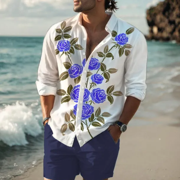 Men's Rose Shirt Western Shirt Cowboy Shirt Long Sleeve Hawaiian Casual Daily Wear Going out Spring Turndown Print Button-Down Red Blue Purple Orange