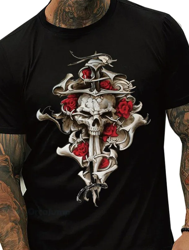 Men's Rose Skull Graphic Prints T Shirt Graphic Tee 100% Cotton Short Sleeve Graphic Shirt Black White Navy Blue Comfortable Tee Vacation Street Fashion Designer Clothing