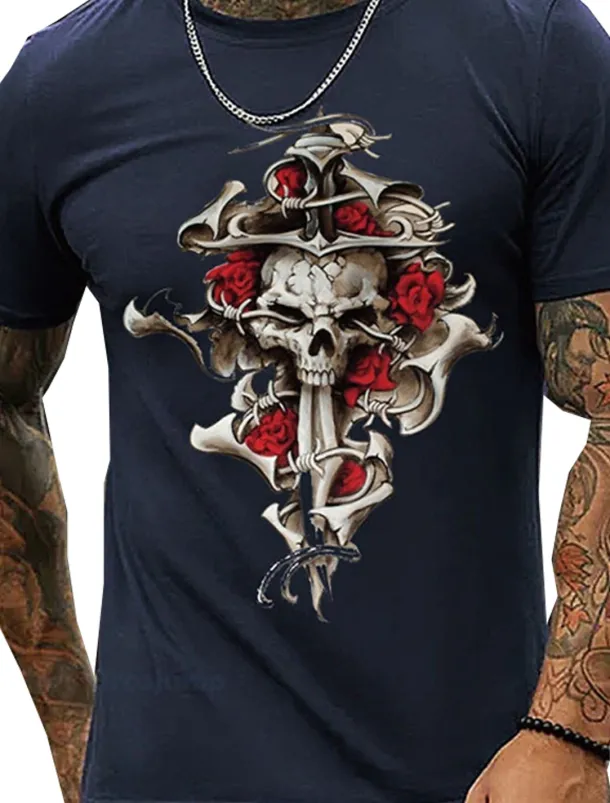 Men's Rose Skull Graphic Prints T Shirt Graphic Tee 100% Cotton Short Sleeve Graphic Shirt Black White Navy Blue Comfortable Tee Vacation Street Fashion Designer Clothing