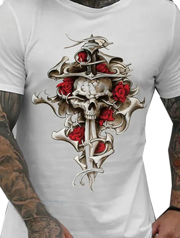 Men's Rose Skull Graphic Prints T Shirt Graphic Tee 100% Cotton Short Sleeve Graphic Shirt Black White Navy Blue Comfortable Tee Vacation Street Fashion Designer Clothing